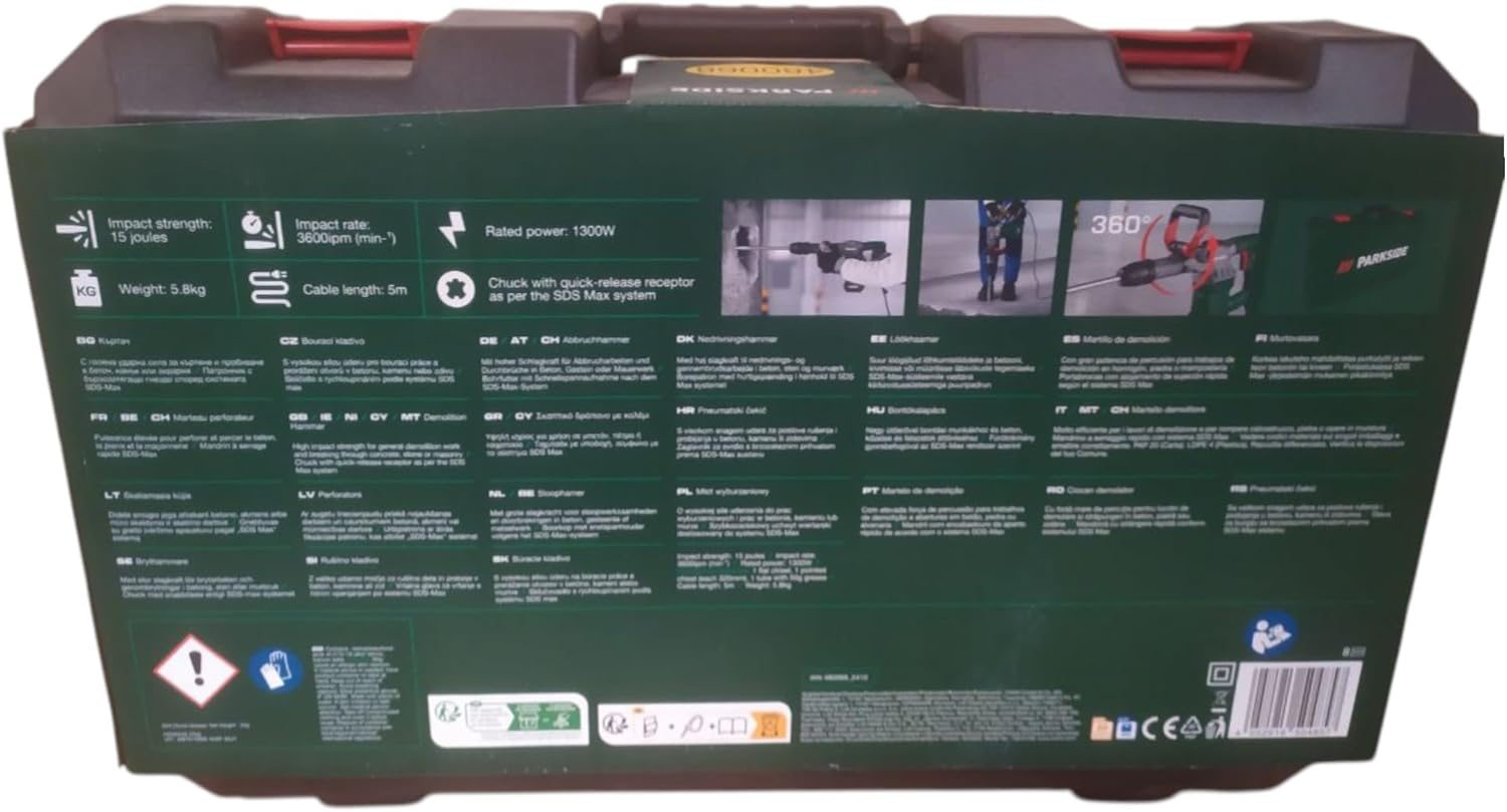 Back of the Parkside PAH 1300 B2 Rotary Demolition Hammer's storage case, showing specifications.