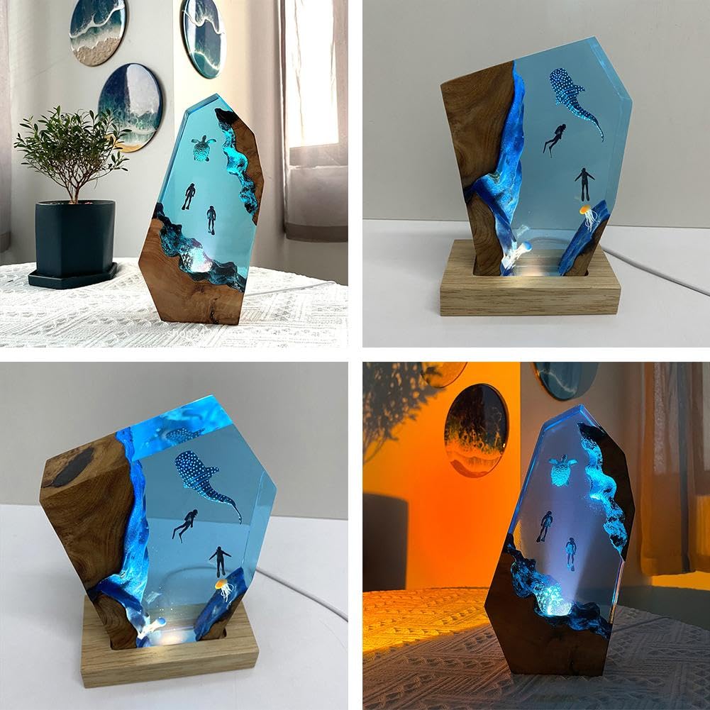 Lampada notturna subacquea in resina fatta a mano, design creativo in legno epossidico, squalo marino profondo e subacqueo, LED per decorazione da scrivania, per gli amanti dell'oceano