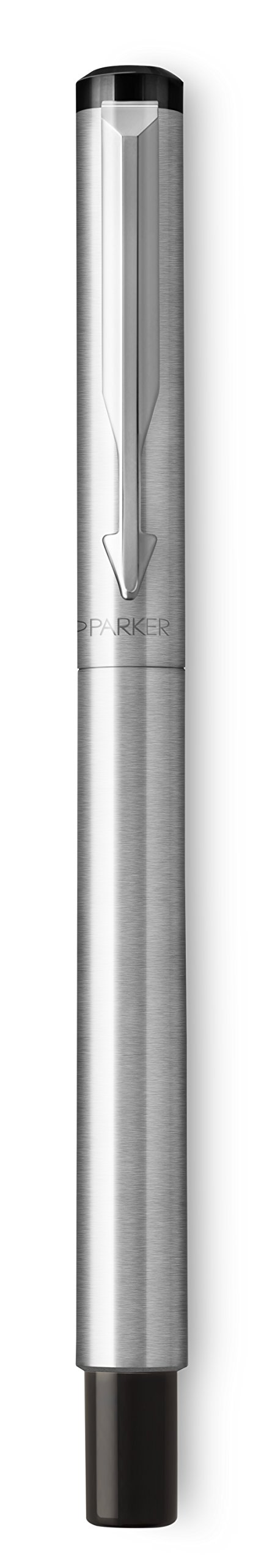 PARKER Vector pluma estilográfica, acero inoxidable con adorno cromado, plumín mediano y tinta azul, en estuche de regalo