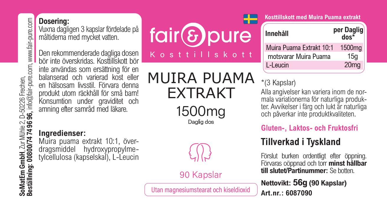 Fair & Pure Muira Puama 500mg, 90 Kapseln, schluckfreundlich, 10:1 Extrakt, Nahrungsergänzungsmittel vegan ohne Magnesiumstearat, in Deutschland hergestellt (Packung mit 2)