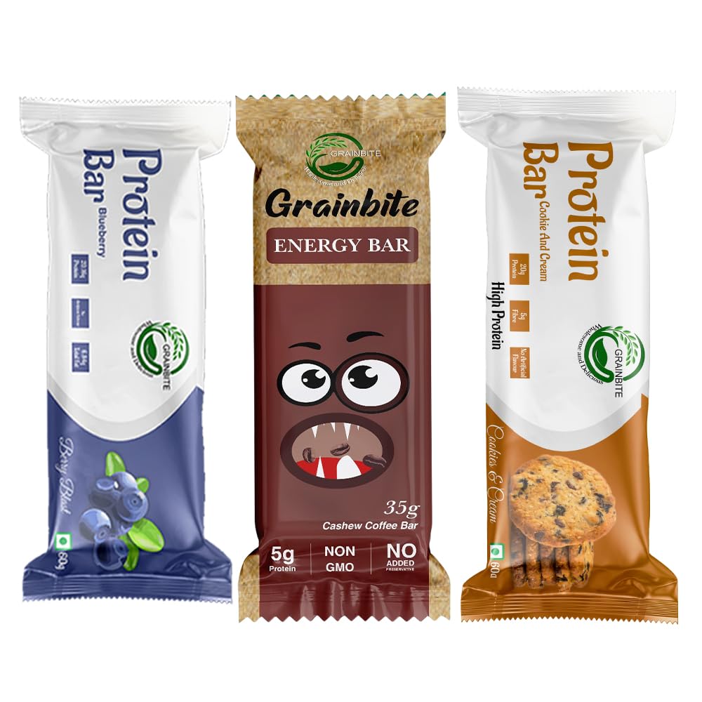 GRAINBITE Protein Bar Blueberry Blast (Pack of 1) and Protein Bar Cookie and Cream (Pack of 1) and Energy Bar Cashew Coffee (Pack of 1) (155gm, Combo of 3)-image-4