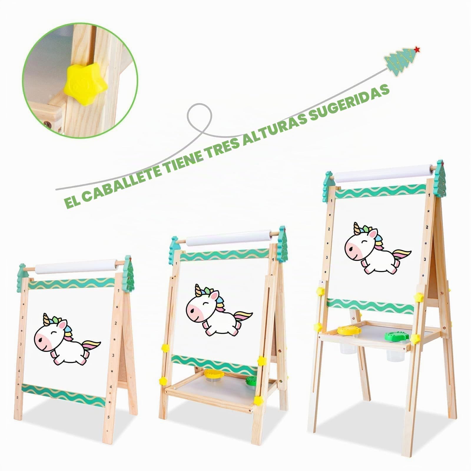 Caballete para Niños y Niñas de dos Caras con Altura Ajustable y Rollo de Papel|4 en 1 Pizarra Infantil con Letras de y Juego de Matemáticas|Madera Educativo Juego