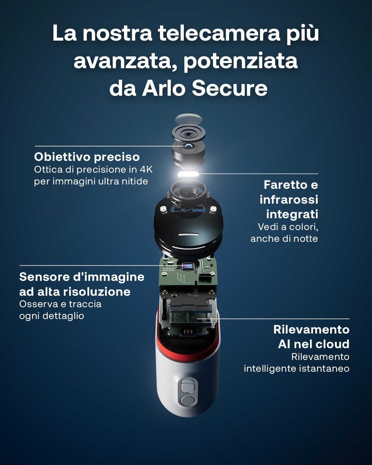 Arlo Ultra 3 Telecamera WiFi Esterno Senza Fili 4K UHD, riconoscimento AI, visione notturna a colori, audio bidirezionale, compatibile con Alexa, prova Arlo Secure inclusa, 4 Telecamere + Smarthub