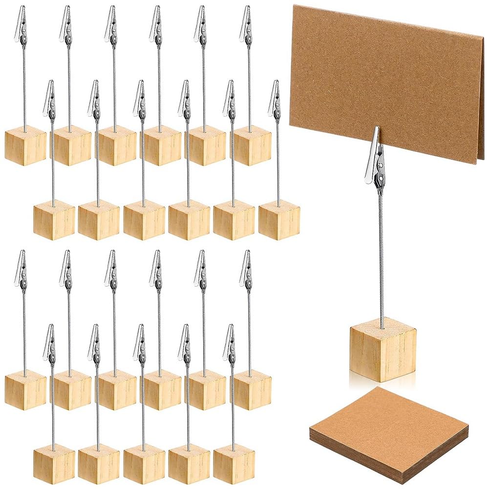 CTRLZS 24 Pcs Rustic Wooden Table Number Holders Place Number Holder Stand + Memo Clips And Cards Wood Picture Stands