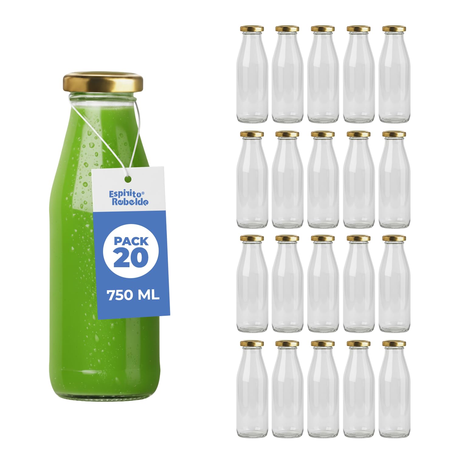 Espirito Rebelde - 20 Botellas de cristal vacías de 750 ml con tapa | Botellas de cristal para jugo, leche, barbacoa, salsas | Ideal para picnics, bodas y fiestas