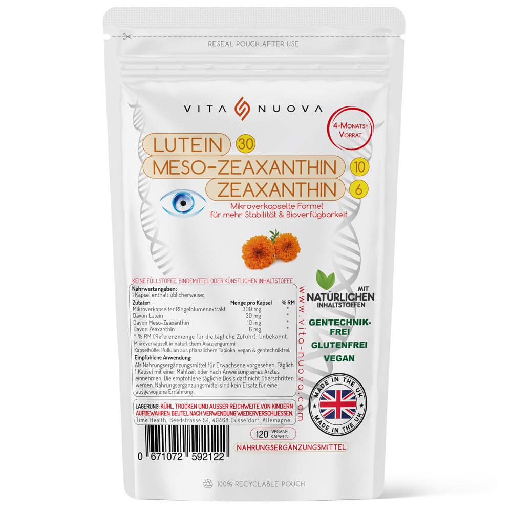 Lutein: Formel Lutein 30 mg, Meso-Zeaxanthin 10 mg, Zeaxanthin 6 mg (120 Kapseln pro Beutel)