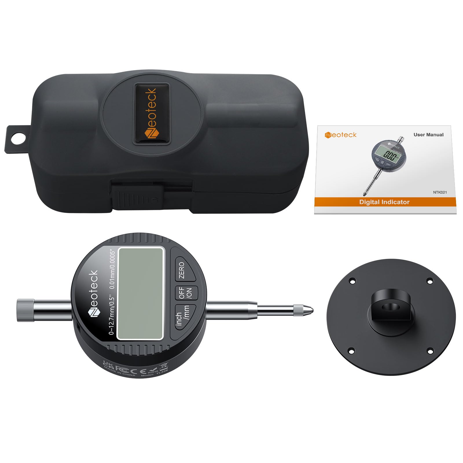Neoteck Comparatore Centesimale Digitale 0.01mm Precisione con LCD Display Calibro Indicatore di Quadrante Professionale 0-12.7mm/0.5" Commutazione mm/inch per Meccanici Officina Laboratorio