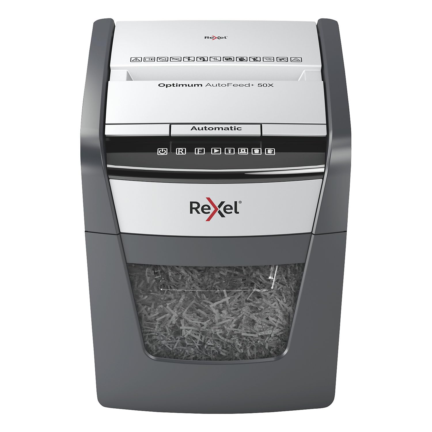 REXEL Optimum Auto Feed+ 50X, Distruggidocumenti Automatico, Spina Svizzera, 50-55 Fogli (80-70 gr/mq), Taglio a Frammento, Livello di Sicurezza P-4, per la Casa e per l’Ufficio, Capacità 20 Litri