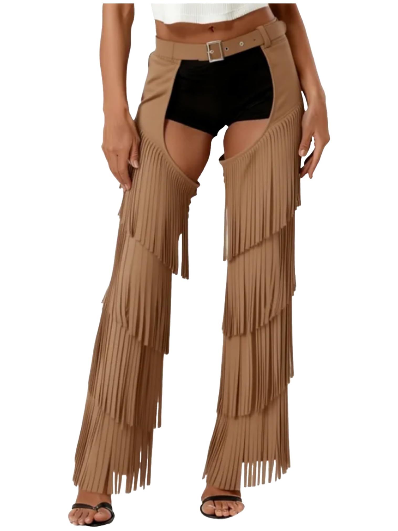 FEESHOW Mens Womens Cowgirl Cowboy Chaps Pants Fancy Dress Hollow Out Trouser for Halloween Party Brown XXL
