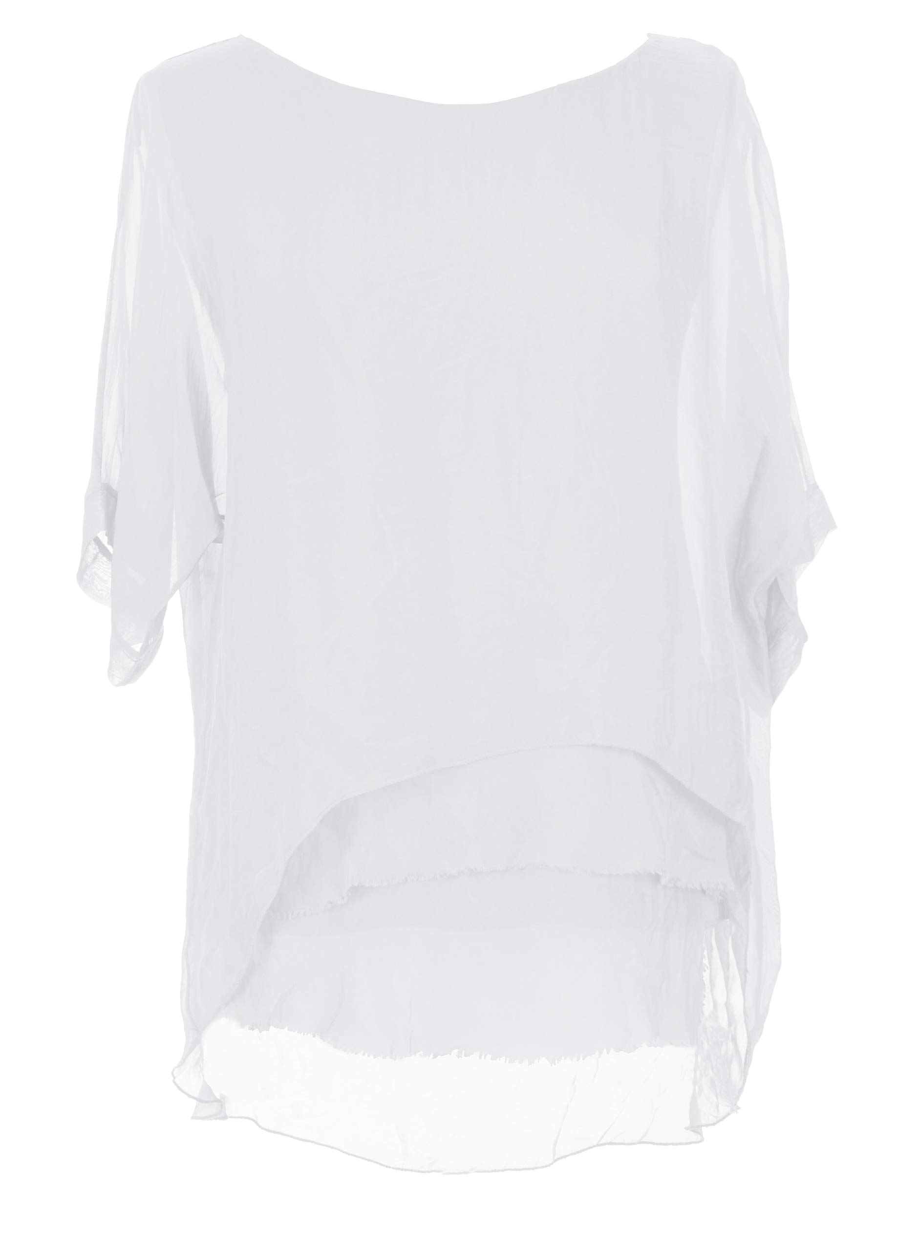 TEXTURE Ladies Womens Italian Lagenlook Short Sleeve Frill Frayed Hem Silk Tunic Top Blouse One Size (as8, alpha, one_size, regular, regular, White)
