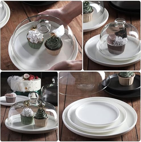 Miniatura 7 de Zerodeko Cúpula de cristal transparente de 6 pulgadas con bandeja de base de cerámica, mango de campana de cloche, vitrinas, vitrinas, centro de