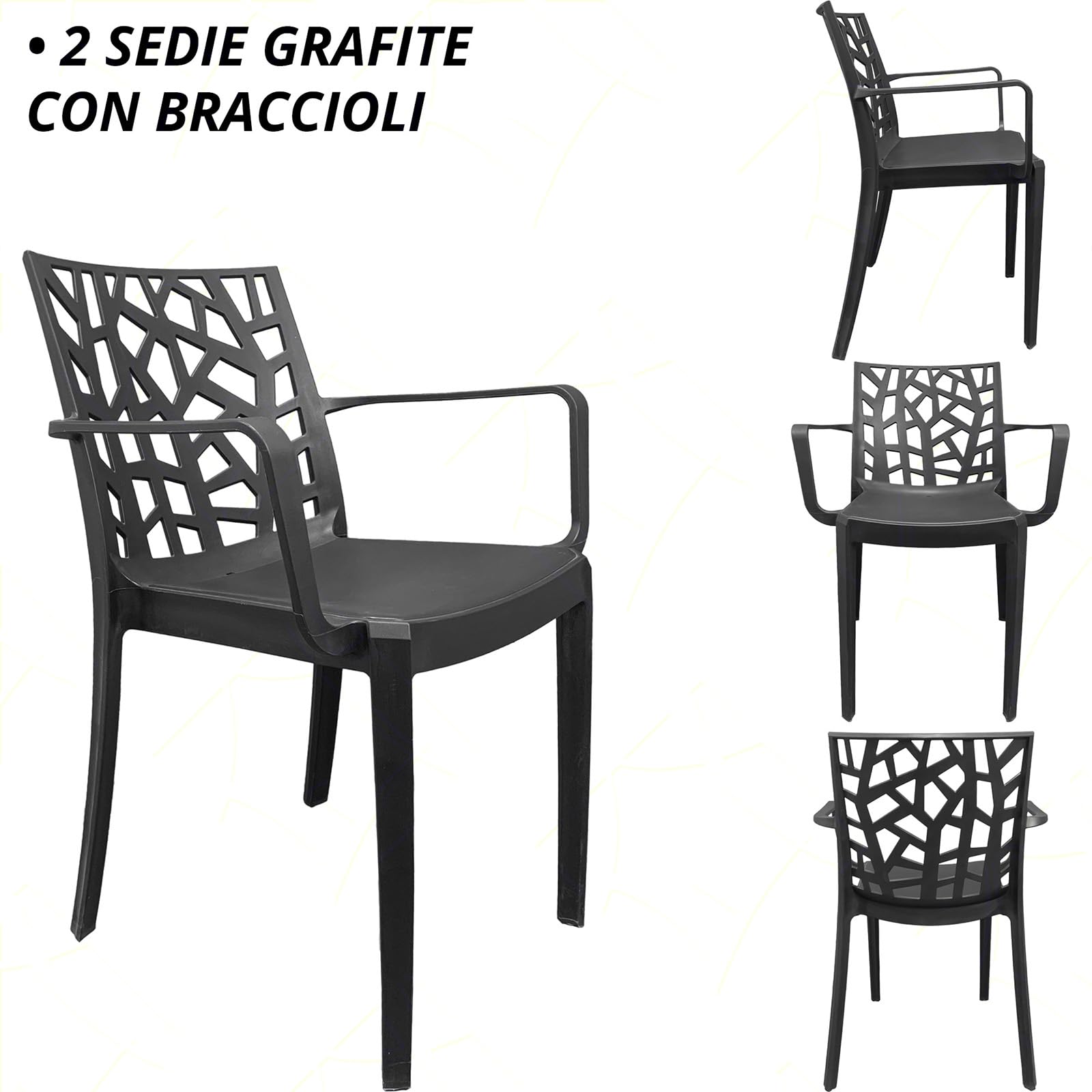 Sicignano | Set 2 Poltrone con Tavolo Tondo, 3 Pezzi, Plastica, Completo Scuro, con Braccioli - Impilabile, Resistente agli UV, Arredo Interno Esterno Bar Pub Giardino Terrazzo, Made in Italy