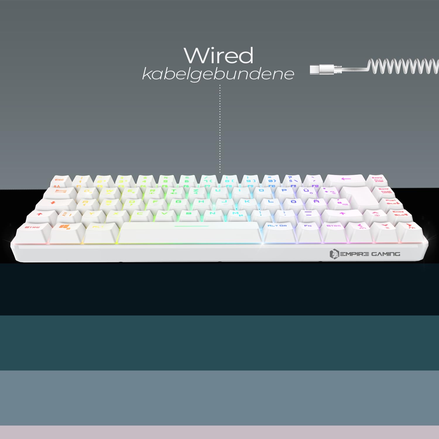 EMPIRE GAMING - K208 Kompakte TKL-Kabelgebundene Tastatur (DE-QWERTZ) 69 Tasten RGB - Abnehmbares USB Type C Kabel Plug & Play - PC/PS4/PS5/Xbox - 23 Anti-Ghosting-Tasten (Weiß)