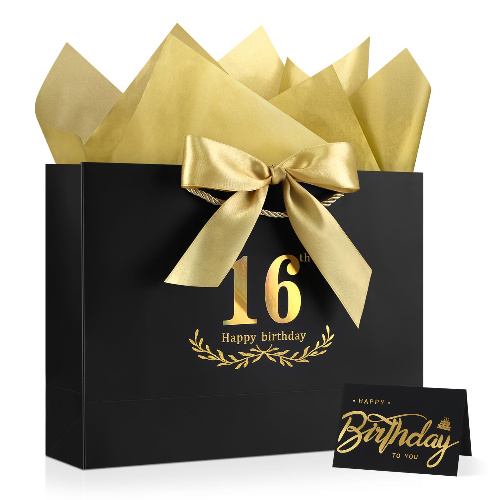 JMANNI Black Gold 16th Birthday Gift Bag with Card and Tissue Paper, 12.6"×9.84"×3.9" Elegant Present Bag for Teens, 16 Year Old Birthday Keepsake Party Supplies