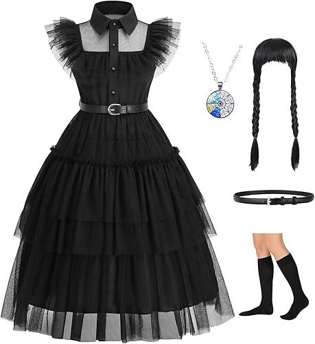 Digi Halloween Wednesday Addams Costume Girls Dress,Halloween Birthday Cosplay Costumes for Kids 4-12 Years