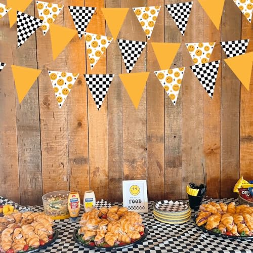 Image of Happy Dude 1st Birthday Decorations Yellow Black Smile Face Star Lightning Checkered Smiley Face Triangle Paper Hanging Pennant Banner Flag for First Birthday Party Decorations Supplies