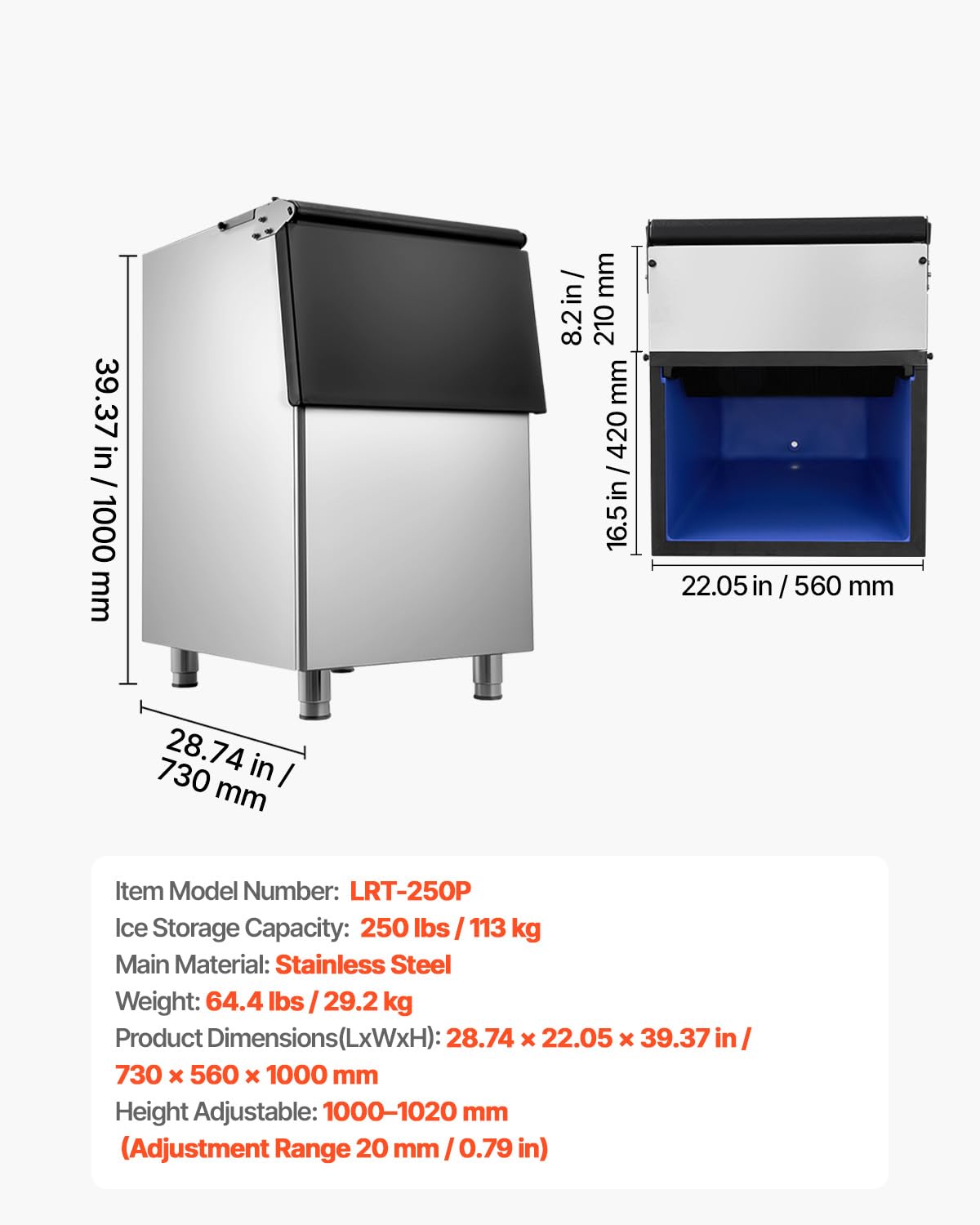 VEVOR Contenitore per Ghiaccio Capacità max. di Ghiaccio max. 113 kg per Bevande Fredde, Contenitore di Ghiaccio Corpo in Acciaio Inox Piedini in Gomma Regolabili Antiscivolo per Ristorante Hotel Bar