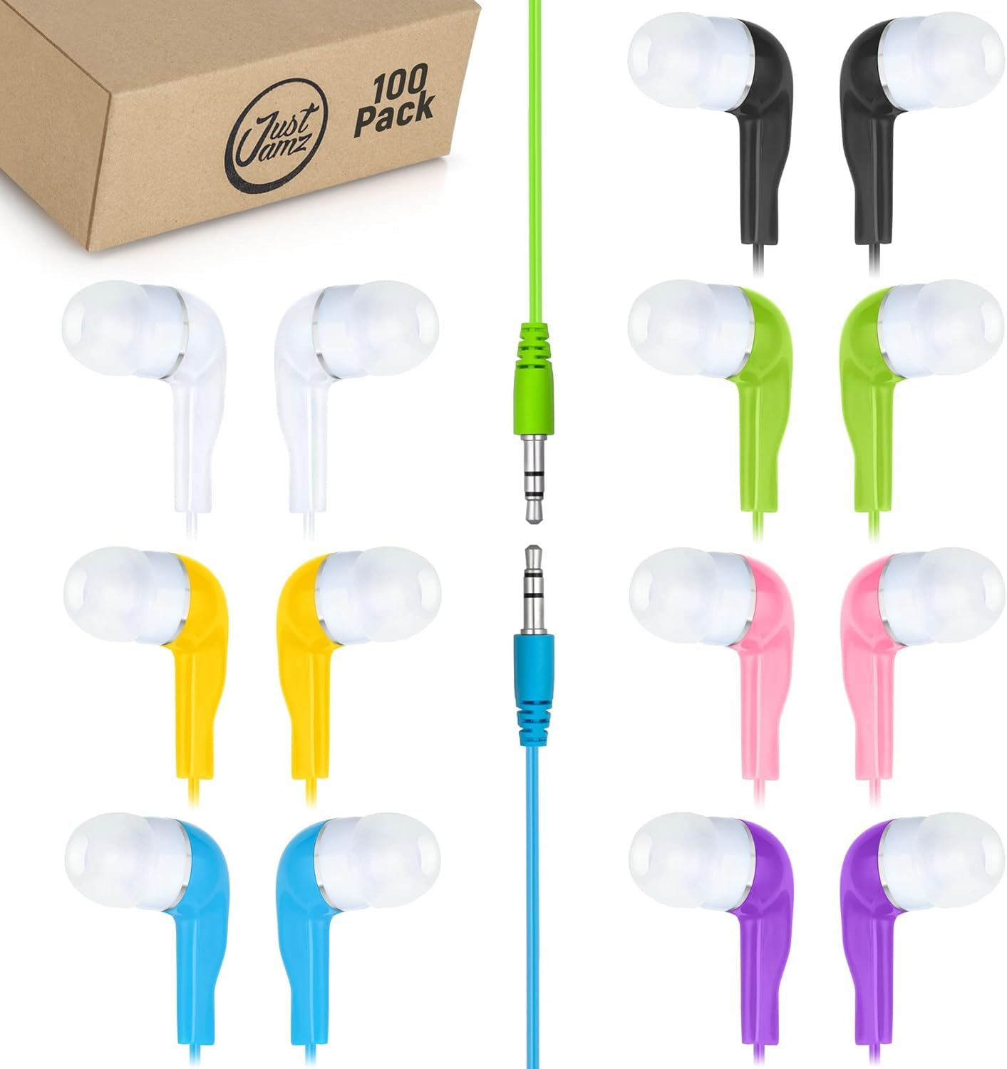 JustJamz® Basic | Confezione da 100 auricolari Jelly Roll | Jack audio da 3,5 mm per iPhone, Android e laptop | Cuffie usa e getta per bambini e adulti | Colori assortiti