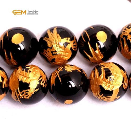Miniatura 2 de GEM-Inside - Cuentas sueltas de ágata negra natural de 0.472in, redondas, Qinglong, dragón, mala, cristal, energía para hacer joyas, 15 pulgadas