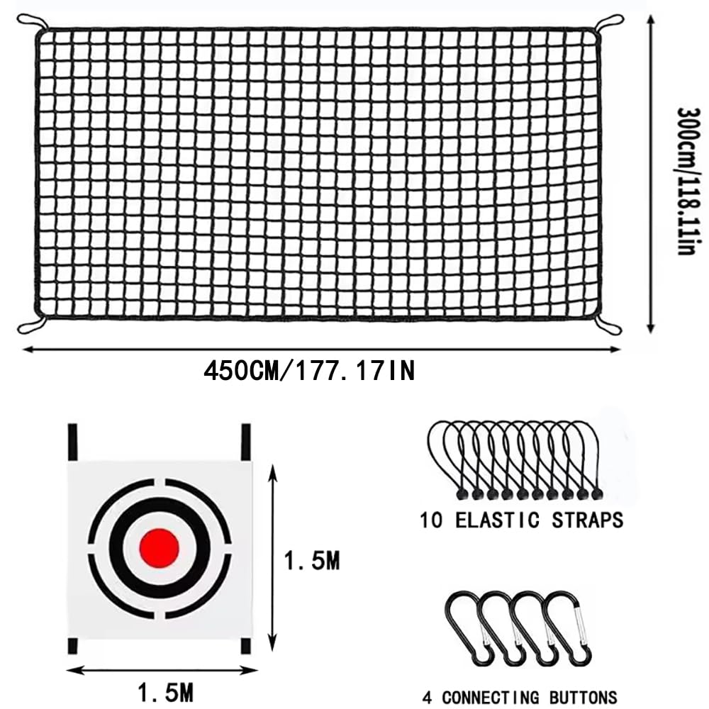 Red de Práctica Golf 3mx4.5m Malla Poliéster Negro 2,54cm con Diana Integrada +10 Bolas Elásticas +4 Mosquetones Bordes Reforzados