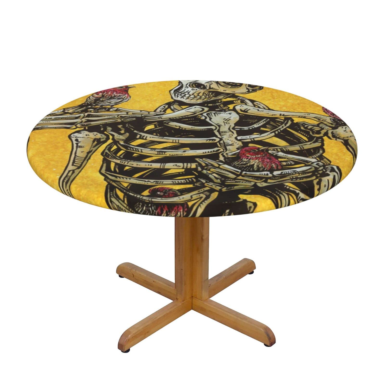 Lsjuee Round Fitted Tablecloth 40-44in Elastic Edged Table Cloth for Kitchen Dining Party Home Decor - Death Skeleton Bird Nature Yellow