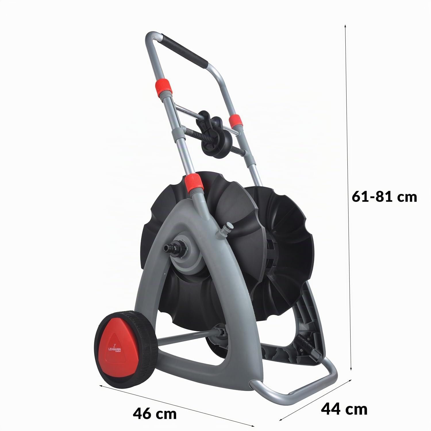 Lehmann Chariot Dévidoir Tuyau d’arrosage jusqu'à 45 m 1/2" ou 25 m 3/4", sans Tuyau, Réglable de 61 à 81 cm, Stable, Dimensions 46 x 44 x 61-81 cm, Poids 2,8 kg