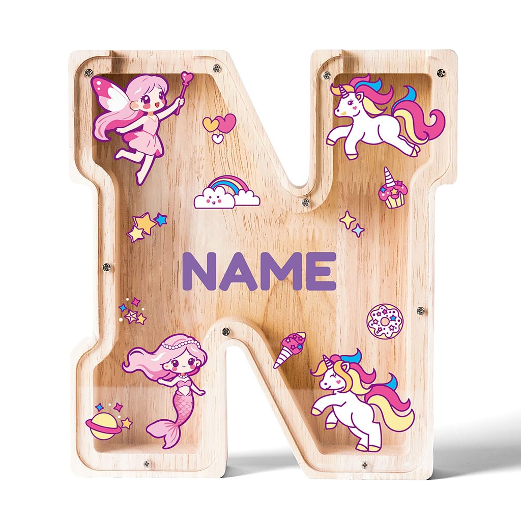 Personalized Wooden Letter Piggy Bank for Kids | Custom Name Alphabet Coin Bank A–Z | Money Saving Box for Boys and Girls | Birthday Gift for Children (N)