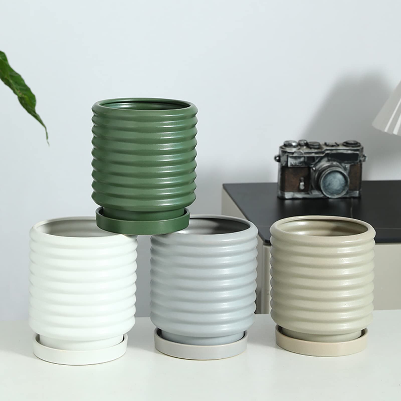 Vasi da Giardino Vaso da Fiori in Ceramica, Vaso per fioriera con Filettatura a Vite, Decorazione per Interni ed Esterni con Fori di drenaggio e piattini per Balcone, Giardino e Patio