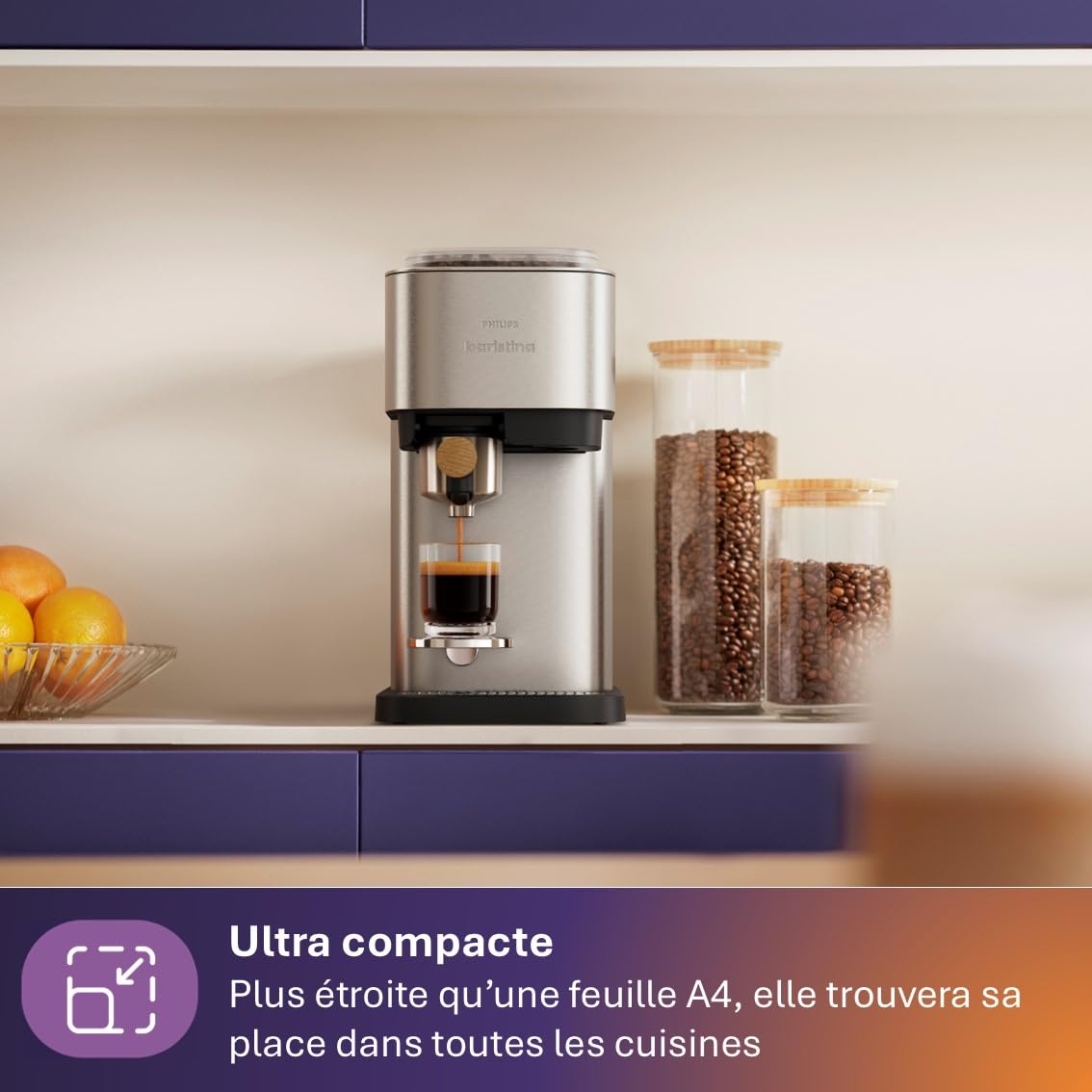 Philips Baristina Machine à espresso, cafetière à grain Métal + Porte-filtre Bois de Frêne, 16 bars, Nettoyage facile, Compacte, Espresso, Lungo, Café glacé (BAR500/00)