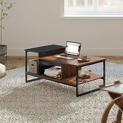 HOMOOI Glass Wood Coffee Table with 2-Tier Staggered Shelves - Farmhouse Tea Center Table with Smoked Grey Tempered Glass for Living Room, 40", Walnut Cover