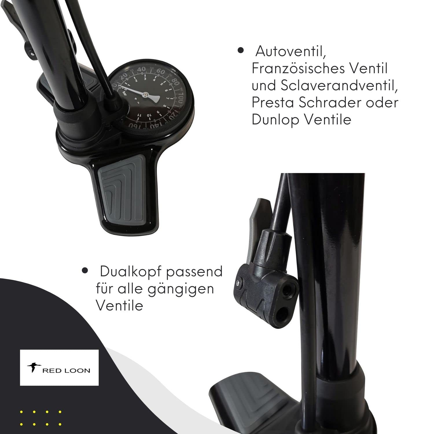 Fahrradpumpe Standpumpe - Luftpumpe Fahrrad - Fußpumpe mit Manometer - alle Ventile - Dunlop - Französisches - Auto Ventil - Hochdruck Standpumpe