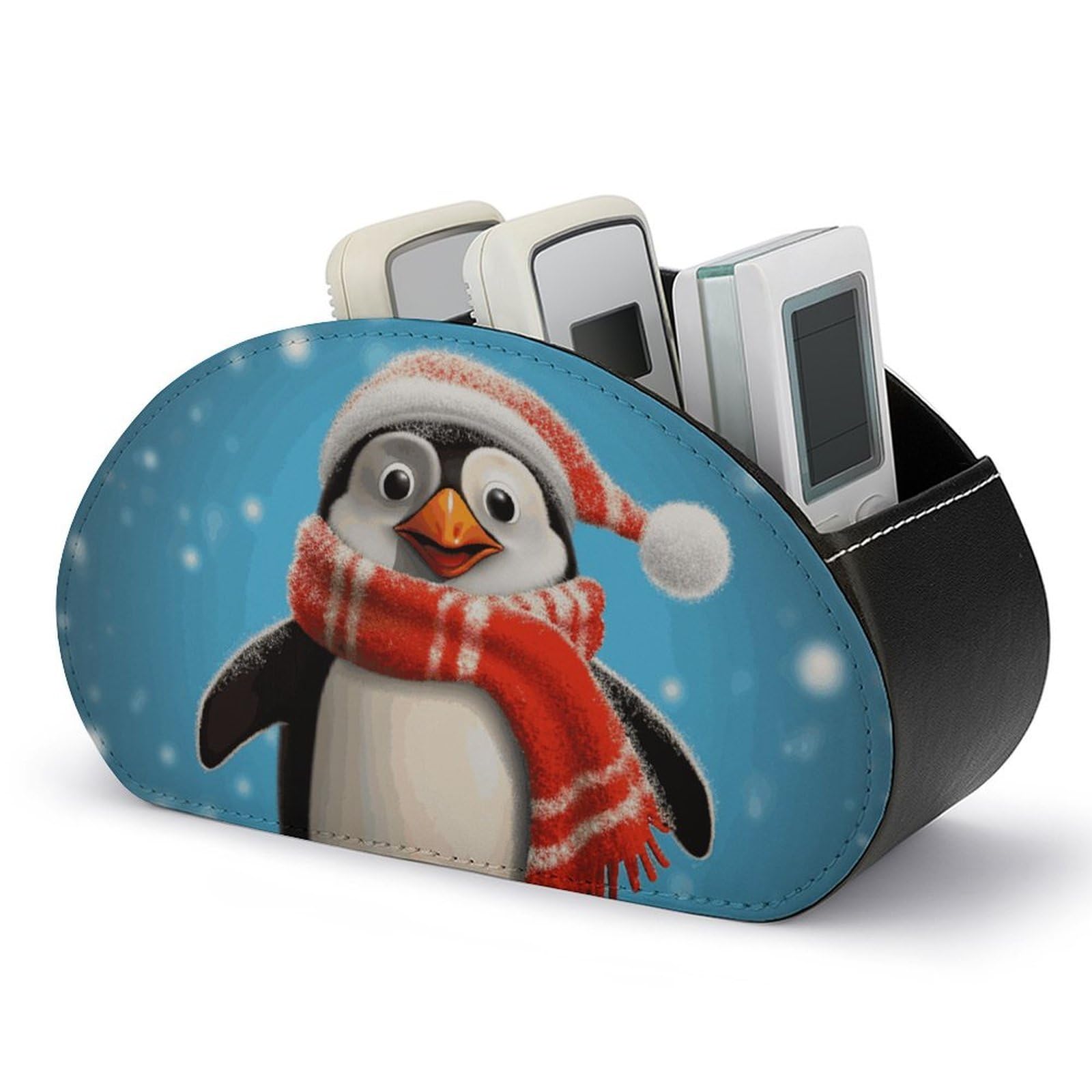 JTREHY Christmas Funny Penguin Remote Control Holder with 5 Compartments Pu Leather Remote Caddy Box Multi-functional Deskt Holders Organizer Box Tray Bedside Table Storage Organizer