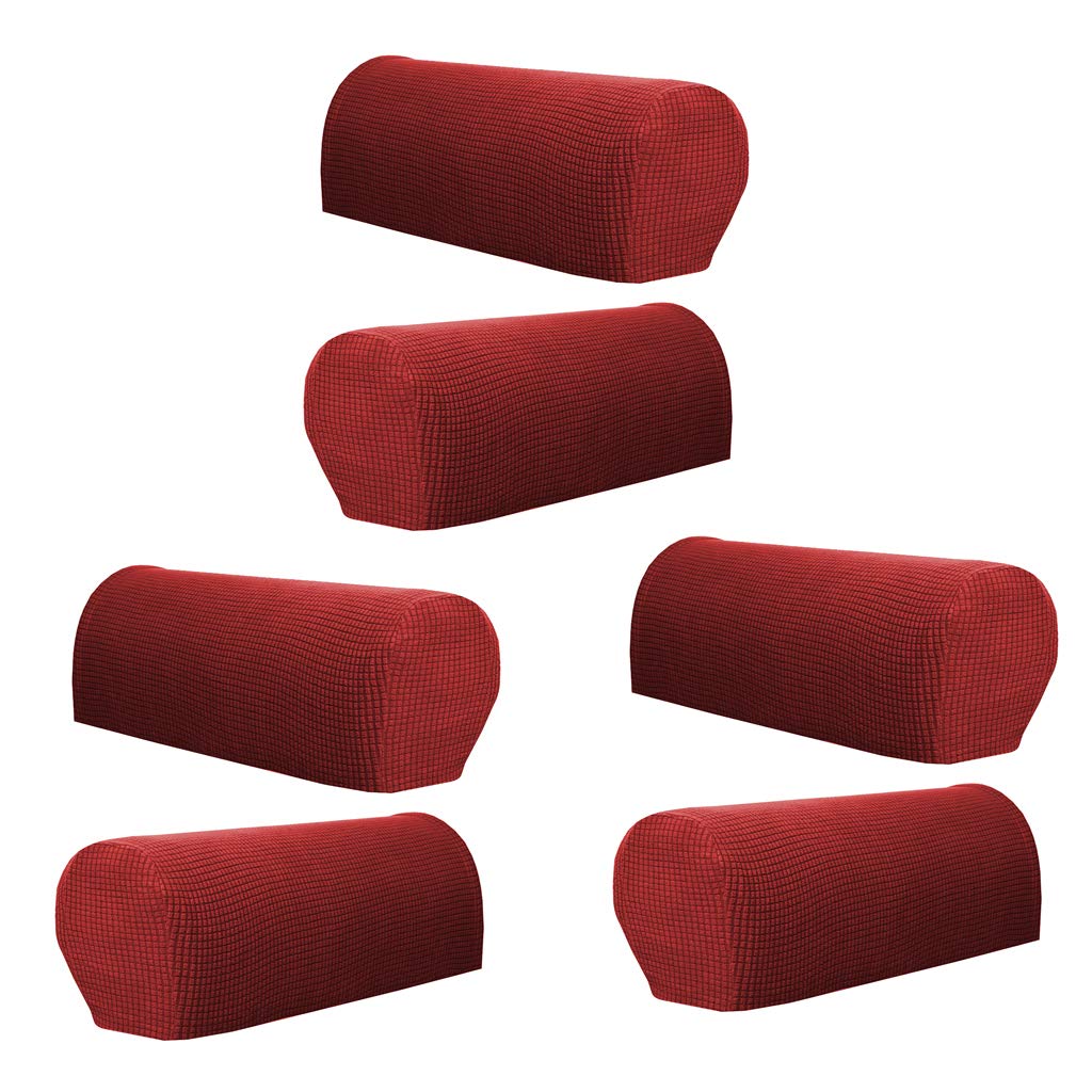 Fenteer Flannel Spandex Stretch Armrest Covers Set of 6 Couch Armchair Arm, Wine Red