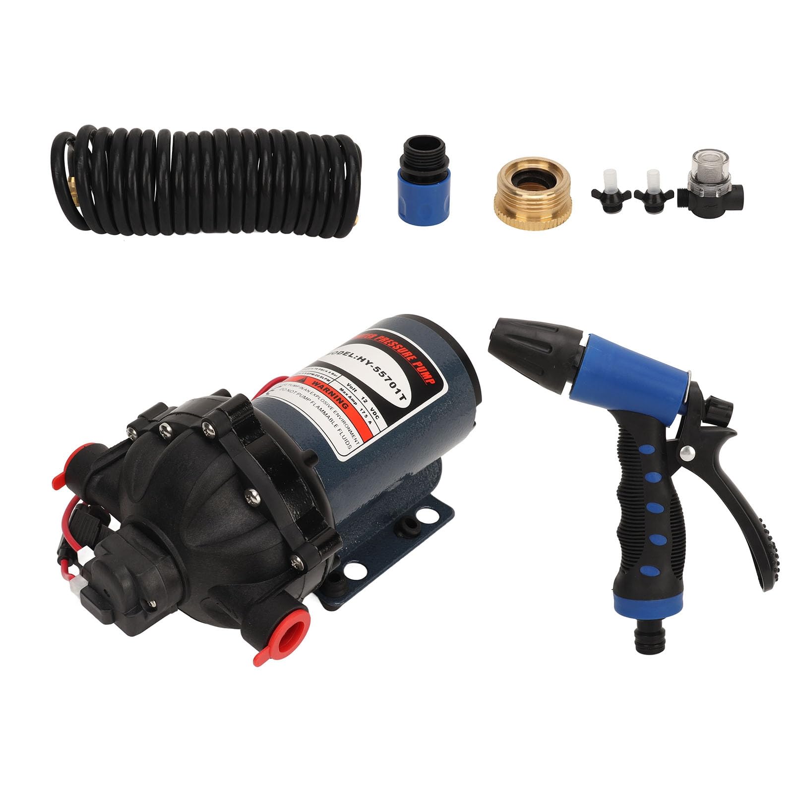 Kit pompa washdown 12V DC ad alta pressione dell'acqua 5,5 GPM per pulizia industriale pesante, stampa 70 PSI, design portatile, include tubo da 6 M