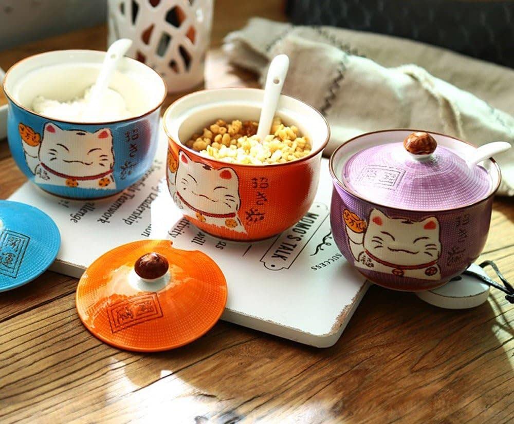 Keramik japanische Maneki Neko Lucky Cat Zucker Salz Pfeffer Vorratsdose mit Deckel und Löffel