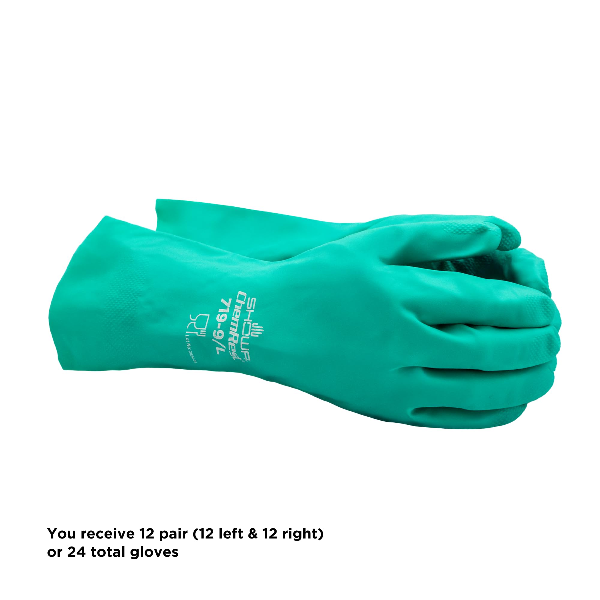 SHOWA 719 Guantes de seguridad de nitrilo sin forro, resistentes a los químicos, con palma de diamante elevada, 11 mil de grosor, 13 pulgadas de largo, verde, grande (12 pares)