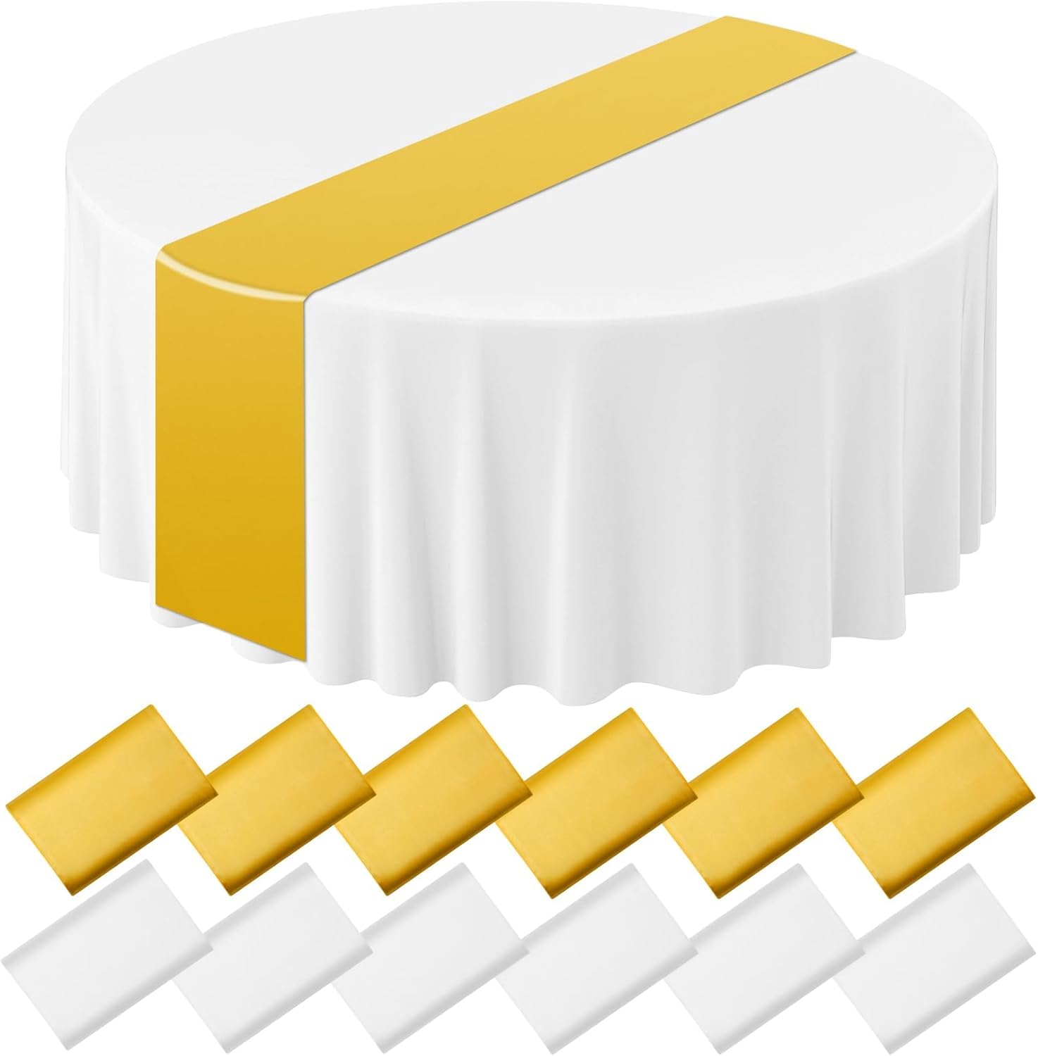 Eogrfw White 12 Pcs Round Plastic Tablecloth And Satin Table Runner, 84" Plastic Tablecloths 12 X 108'' Runners Set, And Gold Disposable Tablecloth,Table Cover For Wedding Bridal Shower Birthday Party