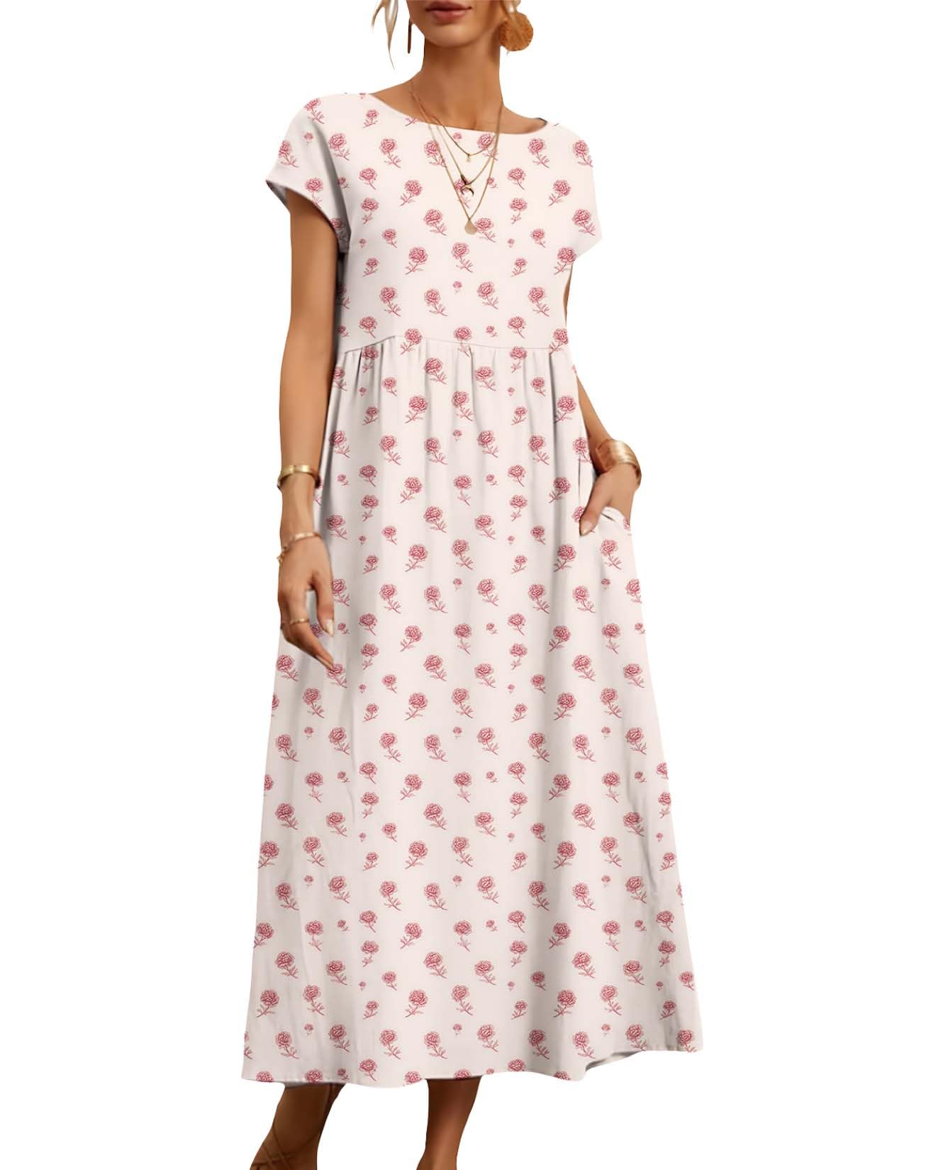 Womens Cotton Linen Maxi Dresses 2025 Summer Floral Print Short Sleeve Crewneck Beach Vacation Sundress with Pocket