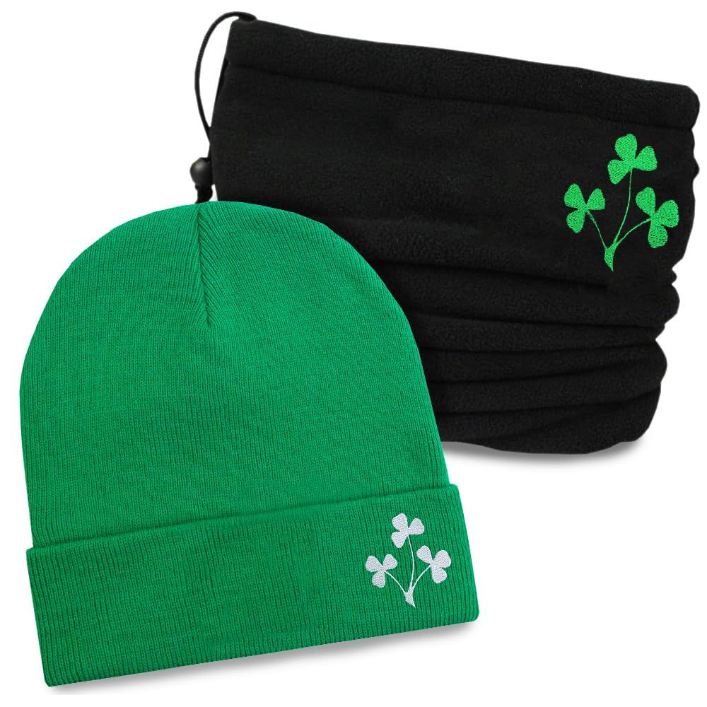 Teddyt's Men's Black, Green Irish Lucky Shamrock Thermal Fleece Snood & Soft Rib Green Beanie Hat