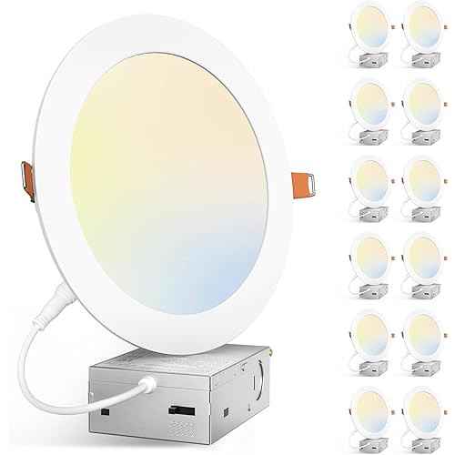 Amico 12 Pack 7 Inch 5CCT Ultra-Thin LED Canless Recessed Ceiling Light with Junction Box, 2700K/3000K/3500K/4000K/5000K Selectable, 15W=100W, 1300LM High Brightness, Dimmable Wafer Downlight, ETL&FCC