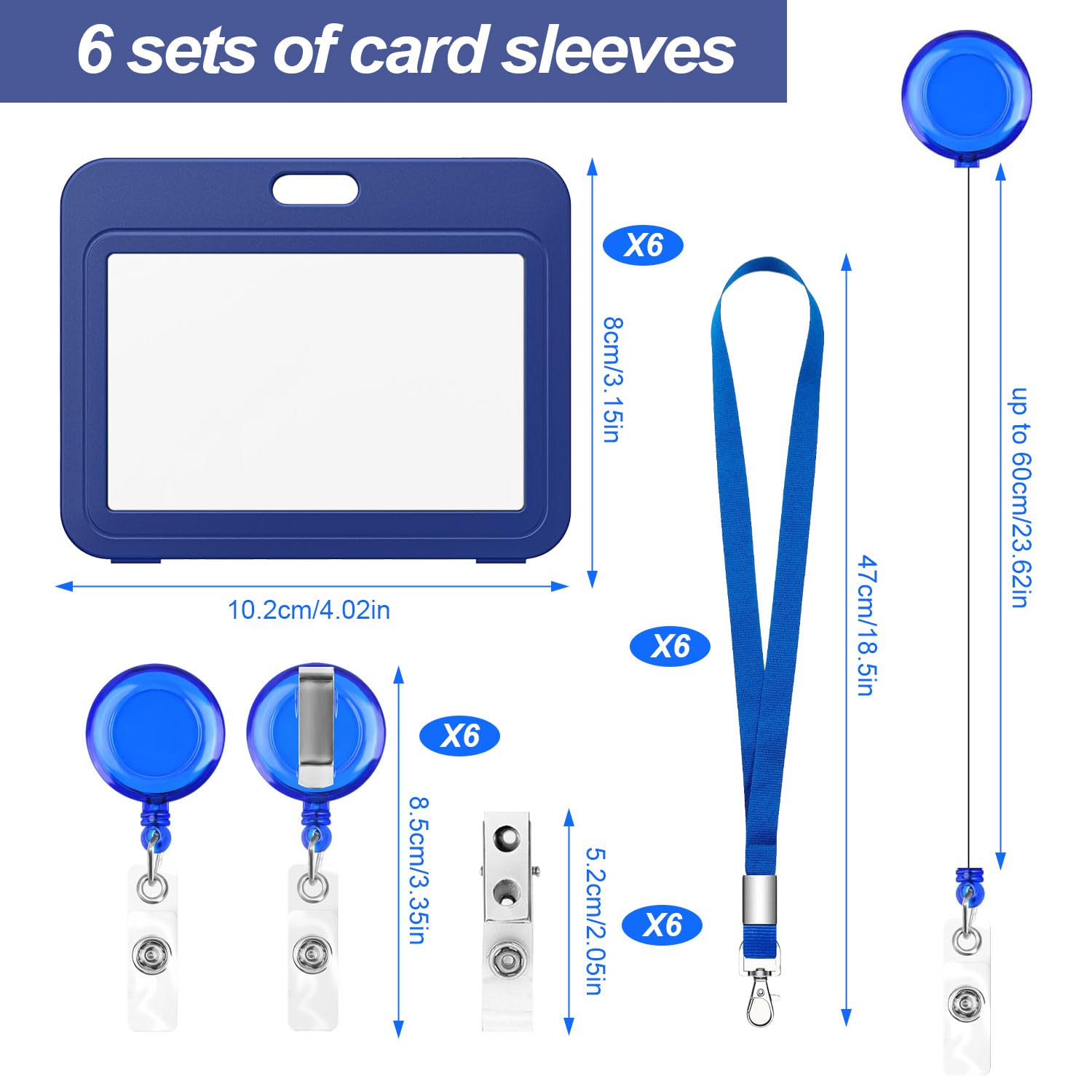 JoJo ID-kaarthouder, 6 stuks, intrekbare sleutelhanger, sleutel, met riem, clip, spoelen, kaartenhoes, hard plastic met ID-kaarthoes voor ID-badge houder en kaarthouder