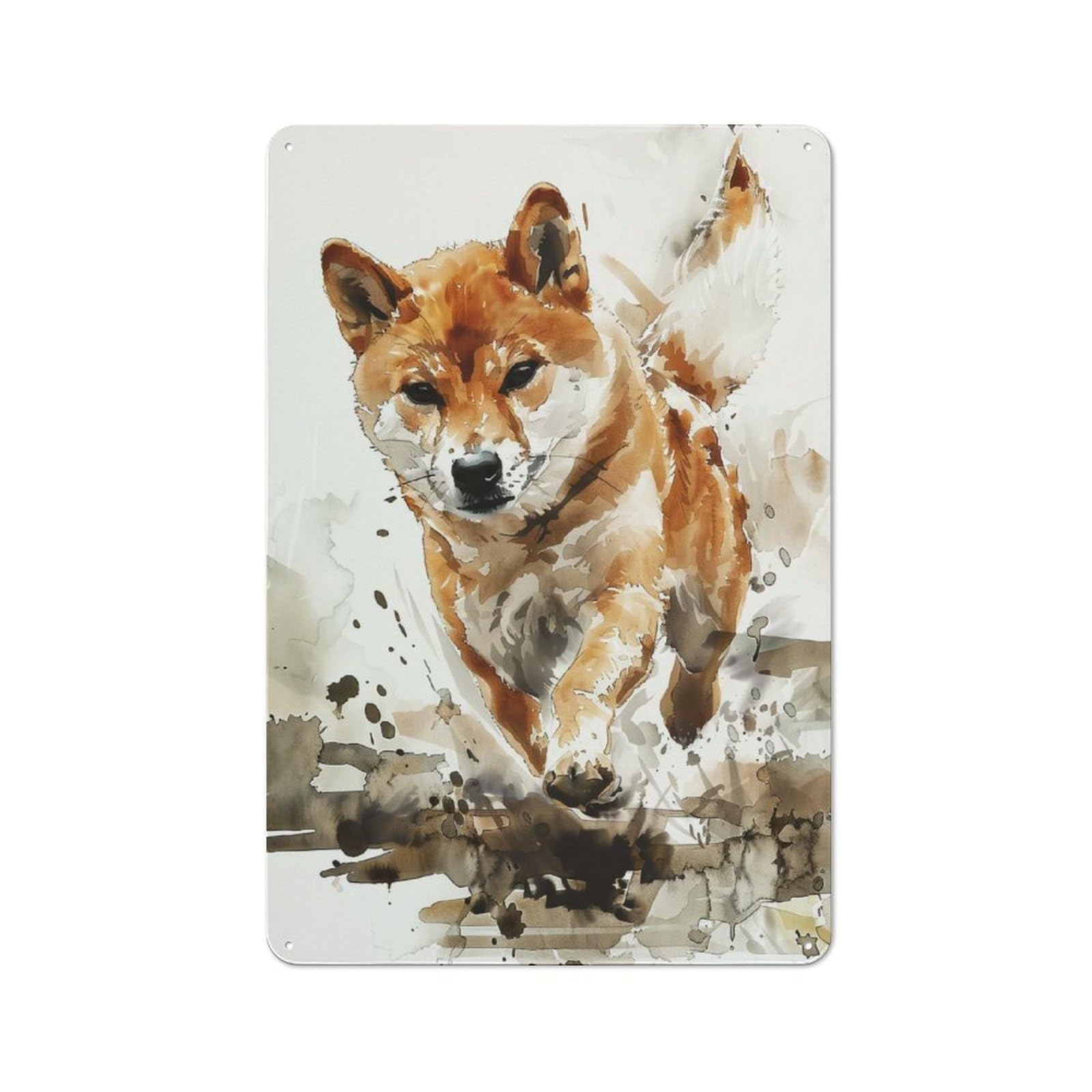 Tin Wall Plaque with Running Shiba Inu Watercolor Design 30x20cm, Country Vintage Cottage Wall Art for Kitchen, Cottage, Porch Or Garden Room