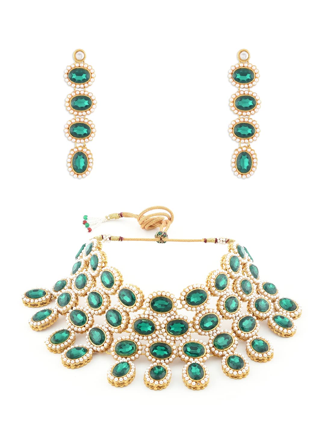 ZAVERI PEARLSGreen Stones & Pearls Studded Traditional Choker Necklace Set For Women-ZPFK8645
