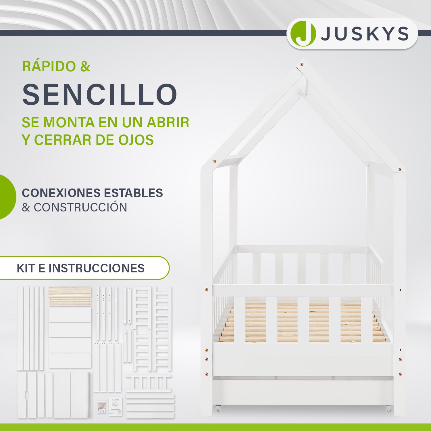 Juskys Cama Infantil Marli 80 x 160 cm con canapé de 2 Piezas, protección anticaída, somier y Techo - Cama de Madera Maciza para niños - Cama en Blanco