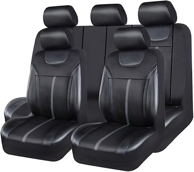 CAR PASS Sporty Carbon Leather Universal Car Seat Cover with Zipper Design, Fit for Suvs, Vans, Sedans, Trucks, Airbag Compatible Carbon Leather Full Set, Black-Gray
