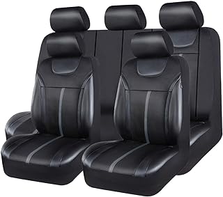 CAR PASS Sporty Carbon Leather Universal Car Seat Cover with Zipper Design, Fit for Suvs, Vans, Sedans, Trucks, Airbag Compatible (Carbon Leather Full Set, Black-Gray)