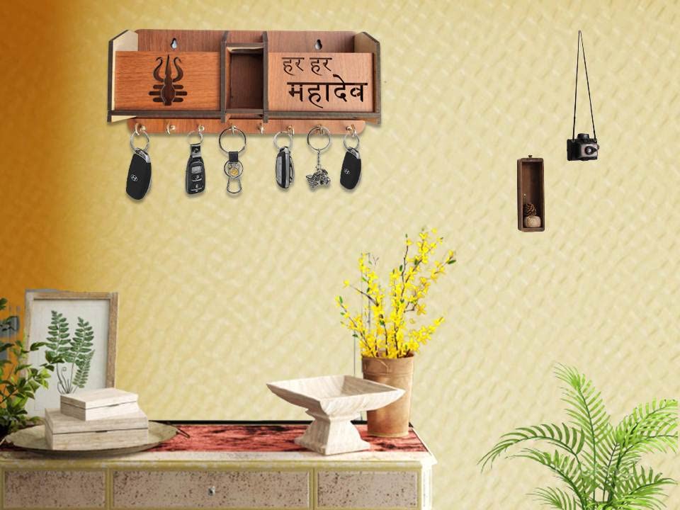 Image of Premium Har Har Mahadev Multipurpose Wooden Key Holder, Key Hanging For Wall Home, Living Room, Office Decor Key Holder Trishul Design Key Holder With Stainless Steel 8 Hooks Gift Item