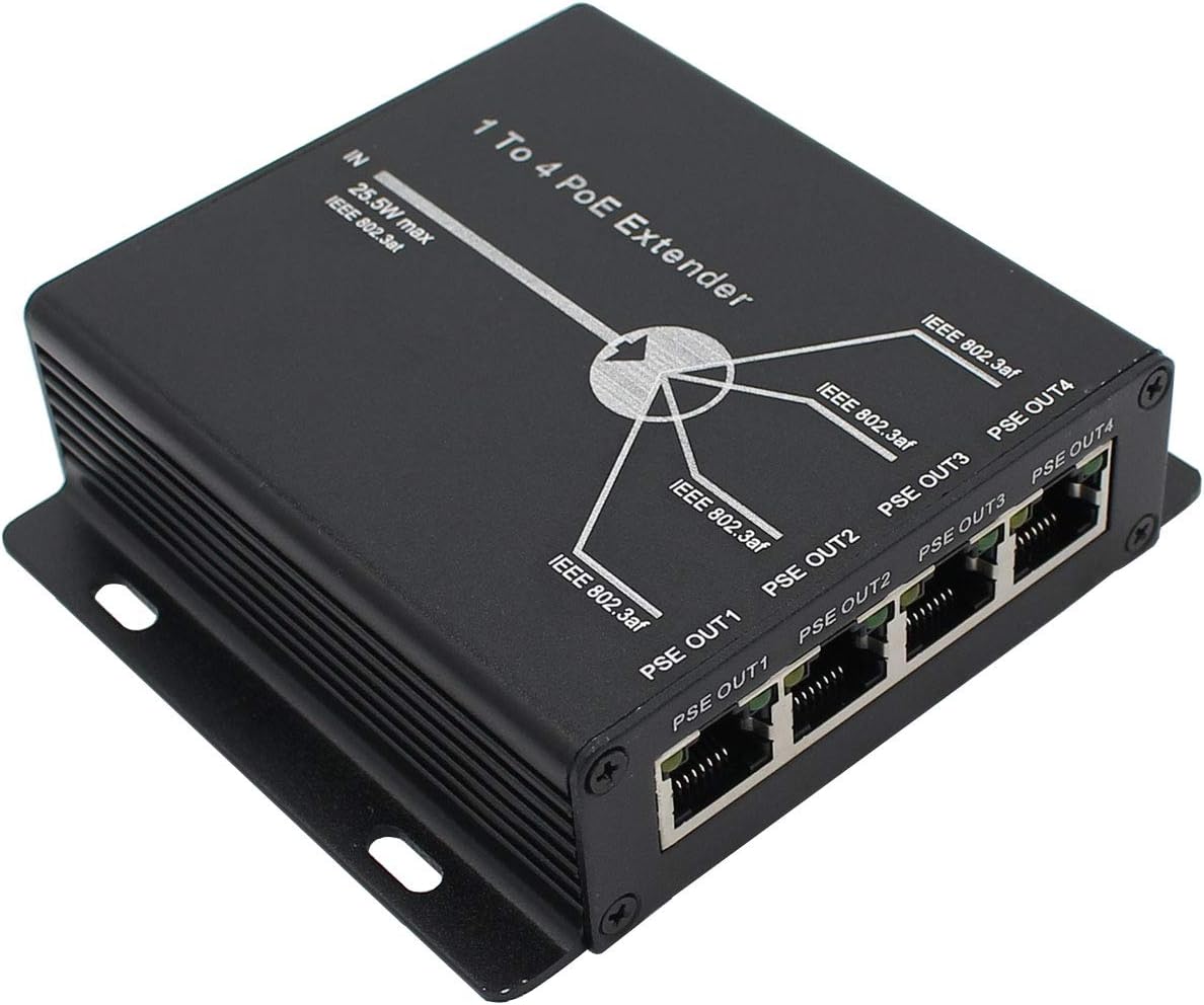 POE Extender RJ45 4-Port 10/100M IEEE802.3at (Power-in) to IEEE802.3af (Power-Out) for Ethernet/PoE Power AP, IP Camera, IP Telephone and Other Network equipments