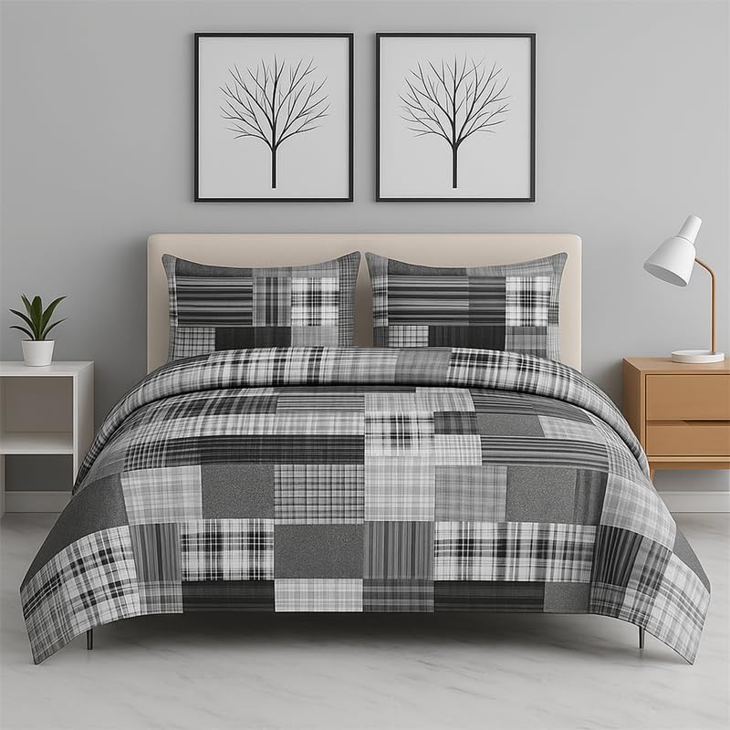 Fit Even - Patchwork Duvet Cover Set - For All-Season, Lightweight Soft Microfibre with Pillow Cases (Denim Grey, Single)