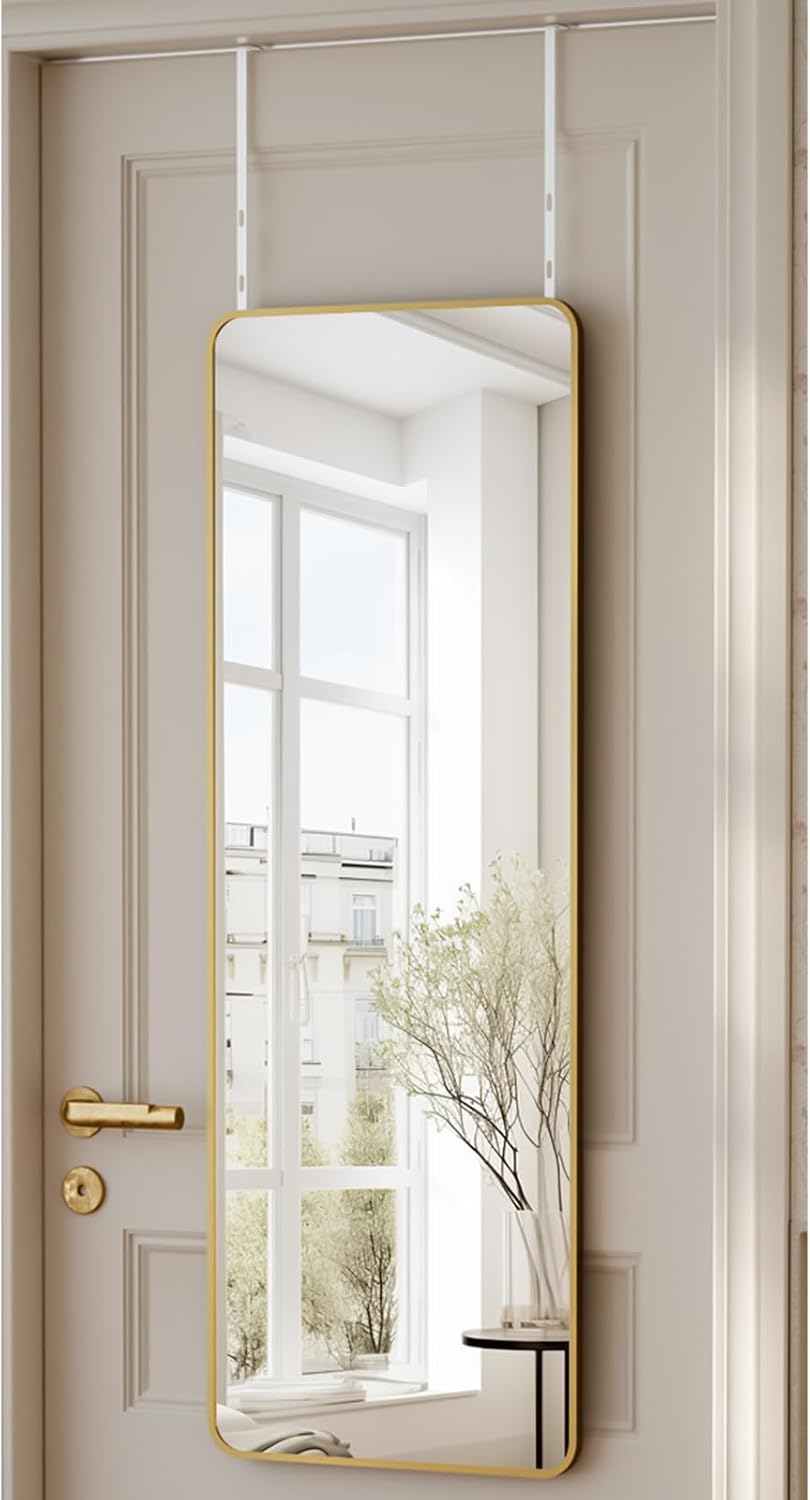 48"x14" Rounded Full Length Over-The-Door or Wall-Mounted Glass, Shatterproof Full Body Design for Bedroom, Bathroom, or Closet – Gold Aluminum Alloy Frame
